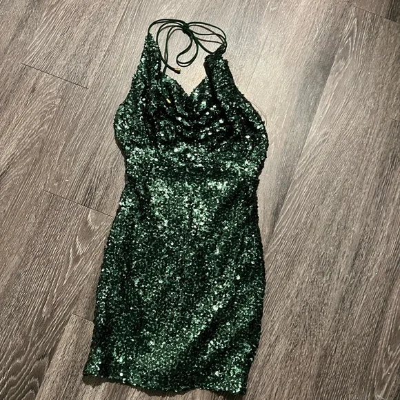 green emerald velvet dress Cowl Neck Green Sequins Bodycon Party Dress  Modsele